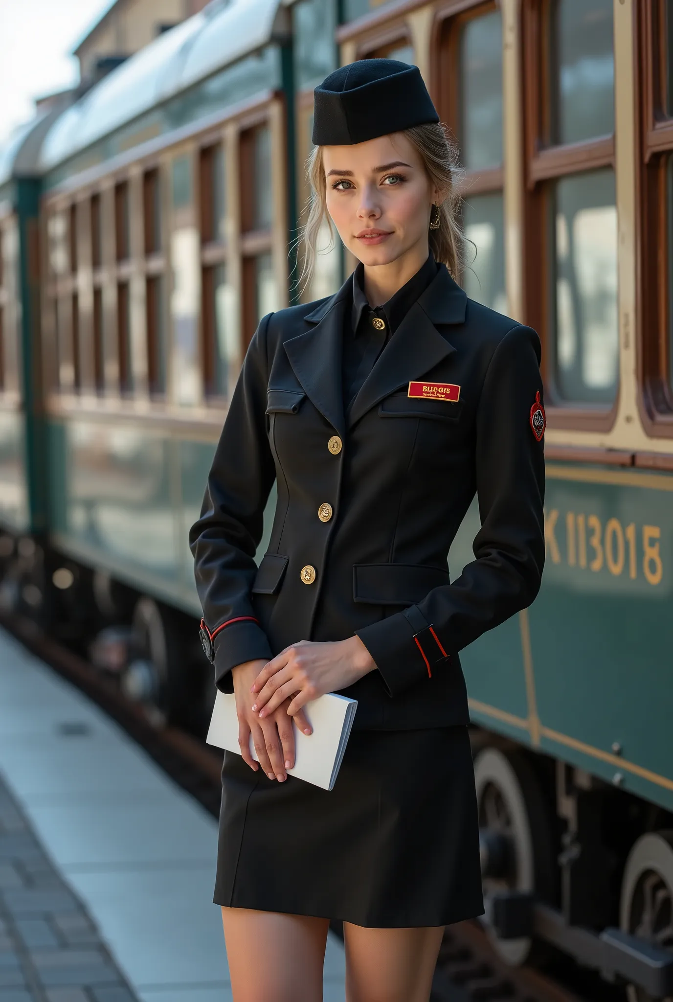 A very beautiful slender young train conductor stands near the train carriage with a notepad in her hands and light smiles. Beautiful gray eyes, light makeup. A very short skirt. The photo is of high quality, high detail and sharpness. European nice woman....