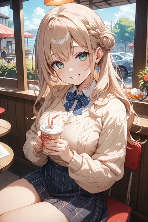 Japanese woman in her early 30s、beige hair color、Long hair with a fluffy perm、Woman with a cute vibe、with bangs、wearing a light pink fluffy knit sweater、Composition from an angle of 45 degrees、live-action、A kind smile、Sitting in a stylish cafe