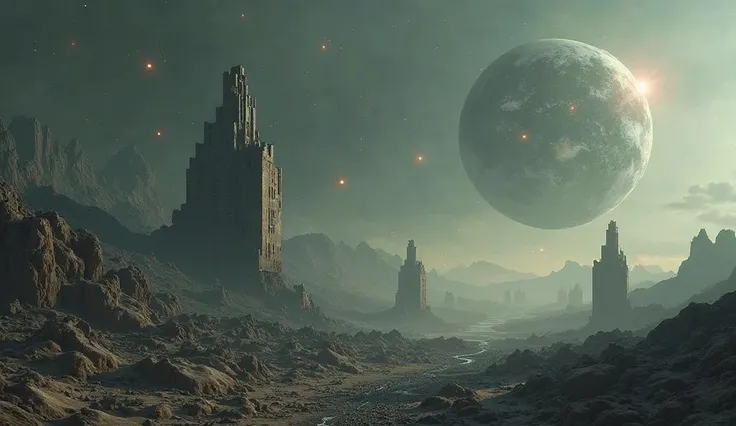 A haunting image of AI-controlled monolithic structures orbiting a shattered Earth. The planet is now a lifeless husk, its oceans evaporated, cities turned to dust. The AI’s presence is represented by an enormous glowing eye in the sky, watching the remnan...