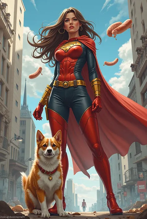 I am a woman with brown long hair, I have a dog yellow white mix with short hair. I want the two of us to be dressed as superheroes and save the city from thieves, a oko nas lete kobasice