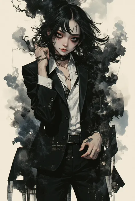 masterpiece, best quality),(multiple exposure: 1.2), print collage depicting,bad girl,19yo,she is surrounded by black smoke symbols,wearing black suit,joker face paint,bad smile,crazy smile,enthusiastic,beautiful finger, collage art, contemporary artistic ...