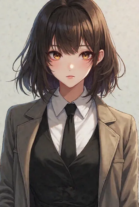 A realistic kpop girl in Dark brown Mid wolf cut hair wearing a black skirt and shirt coat with white in shirt and a black tie. Eye colour Brown in plain background. 