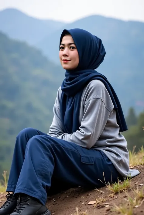 Shot from sideway,  Real human photo, ocah  is a 25 years old woman, medium and tall body, white skin. She has well-defined eyebrows,  expressive black eyes,  . Wearing dark  blue  hijab, loose long Sleeve grey t-shirt,  blue cargo pant, black mountain sho...