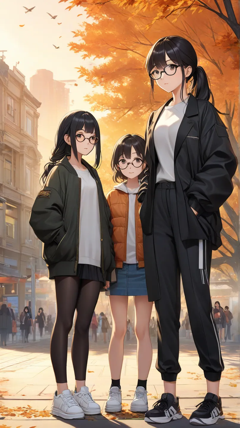 "A semi-realistic anime-style digital illustration of three age girls standing together in a city park during sunset, with a nostalgic atmosphere. Each has a distinct style and appearance.

1. The first girl has a tomboyish, athletic look. She is Chinese, ...