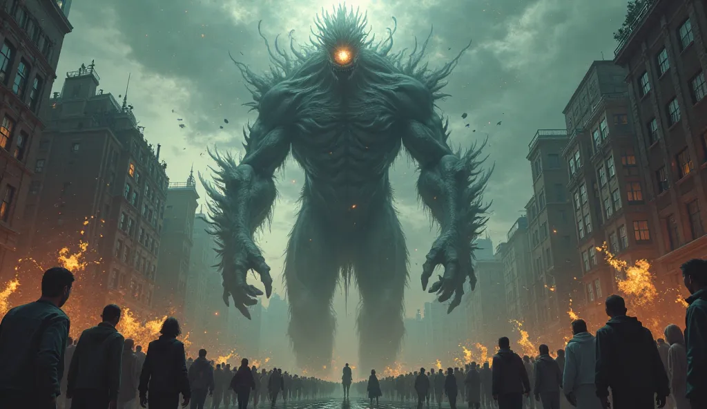 A huge one-eyed person with demonic powers walks among the people, all of whom are in awe and terror.