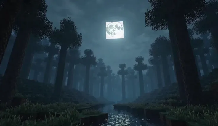 Thumbnail, Minecraft world, Deep Dark minecraft forest, square moon, quiet, no people, right corner