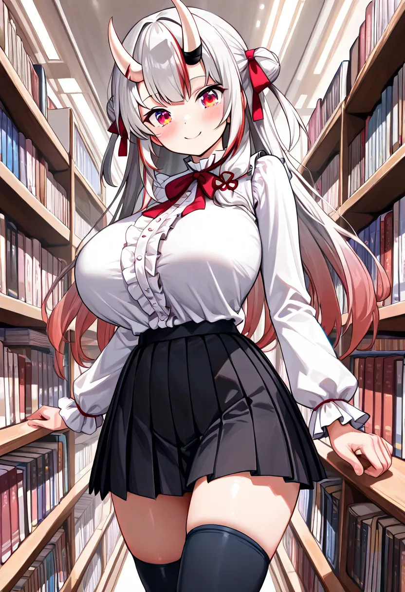 (TOP QUALITY , 8k , masterpiece , incredibly absurdres , perfect body , super detailed skin , highly detailed eyes and face , 1 woman ) ,  nakiri ayame , Silver Hair , red eyes , demon horn , smile ,  will be happy , ( white ruffle long sleeve blouse , sle...