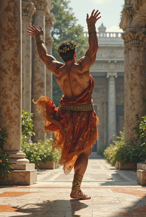 Create an image of a Roman emperor doing gymnastics in detail