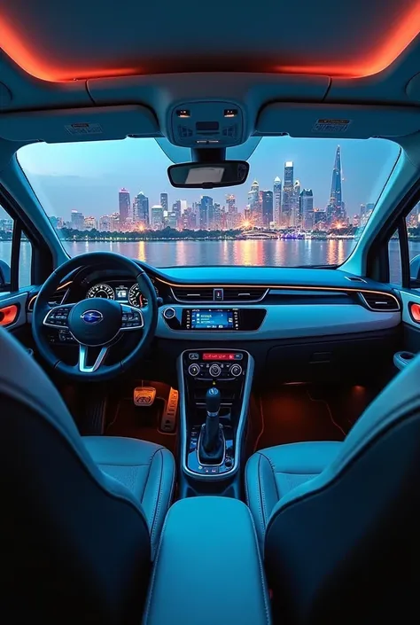 "A 2025 Tata Nano Luxury interior view in a high-tech showroom with sleek futuristic lighting. The cabin features a premium, modern design with high-quality materials, ambient lighting, and a digital dashboard. The seats are upholstered in plush leather wi...