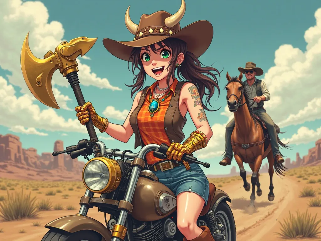 anime busty tomboy brown cowgirl hat with cow horns rough brown ponytail hair right eye covered by red orange yellow highlights green left eye band aid on nose fang coming out of mouth blue fire charm necklace with ruby brown sleeveless western vest orange...