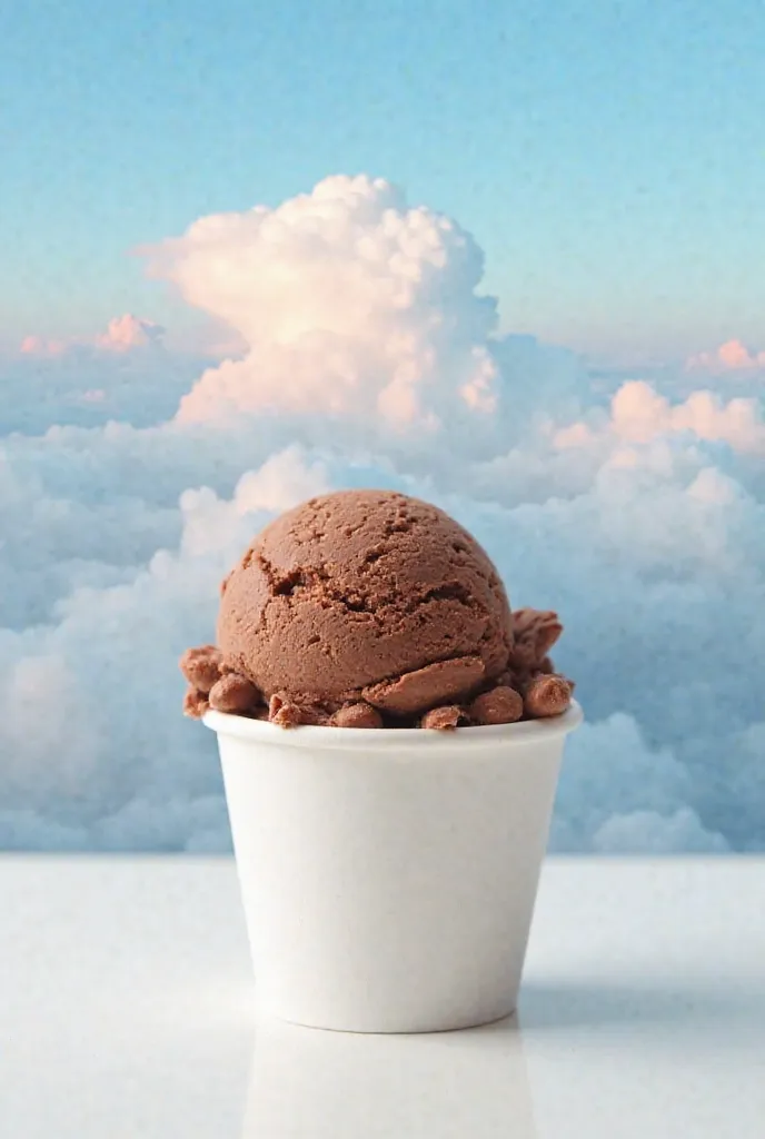 Hazelnut chocolate ice cream(Nutella) Scoop in a white paper cup on a clean white table. The background is a blue sky, a beautiful white cloud and a little red in the sky until it seems like a light sunset 