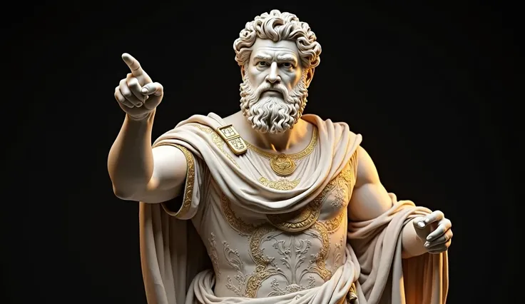 A hyper-realistic marble statue of a bearded Roman philosopher, meticulously detailed, with a solemn and commanding expression. The statue’s face is characterized by deep-set eyes gazing slightly to the side, furrowed brows conveying authority, and a thick...