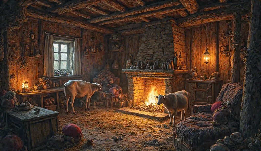 A cramped medieval home where livestock and people coexist — the air thick with the smell of hay and animals, but warmth filling the small space."