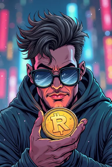 Create a comic character, futuristic medium, With very cool glasses, in a very technological world, where he's holding a cryptocurrency, But this cryptocurrency is new and its name is called Crypto Revolution, then replace any known logo and place the lett...