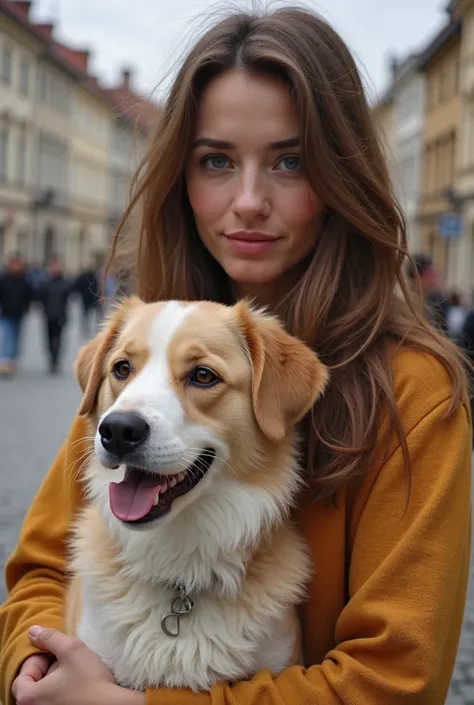 I am a woman I have long brown hair and I have a yellow white female dog that looks like a dog from the street. Želim da nas dve izgledamo kao super heroji kojibtrče kroz grad spasavaju grad od lopova dok oko nas lete kobasice