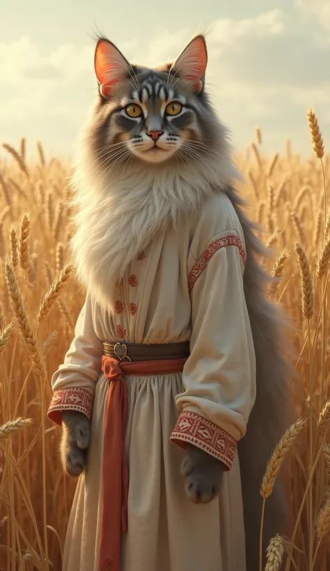 Long-haired cat wearing light red linen clothes with red embroidery, standing in a wide wheat field.