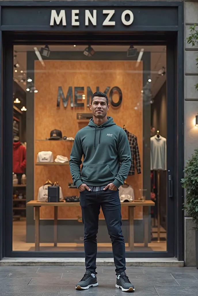 A highly realistic image of Cristiano Ronaldo standing in front of a small shop named “Menzo.” Behind him, there is a large promotional poster of the shop, clearly displaying its logo and branding. The poster gives the impression that Ronaldo is officially...