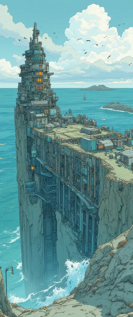  from above ,cyberpunk,Sea Level Rise  ,Submerged Ruins,Concrete ruins sinking into the sea,seawater erodes,crack,Piping,Wave, clear,cloud,Flock of birds