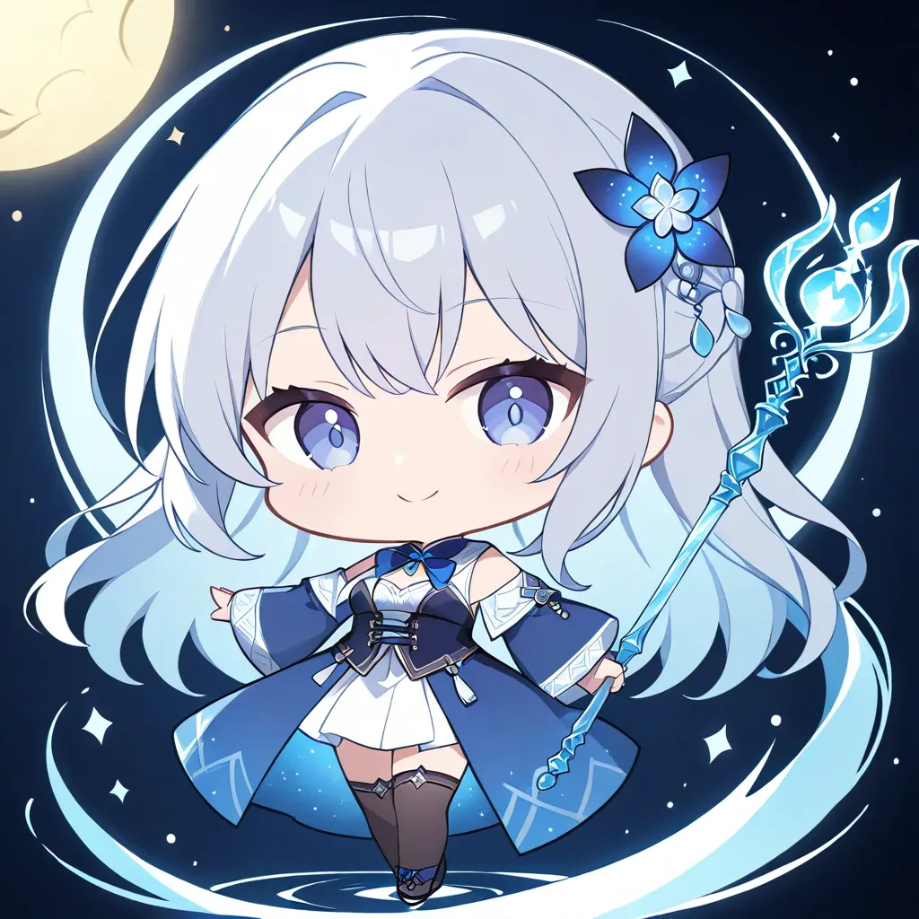 chibi-character:1.2, silver hair:1.2, This chibi-character sorceress warrior in the style of Japanese anime exudes an enigmatic aura and captivates the viewer with her enchanting presence. She wields a glowing, ethereal staff. The image is rendered in a st...