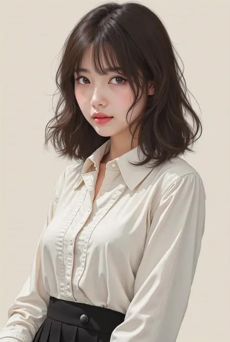 A realistic kpop girl in Dark brown Mid wolf cut hair wearing a black skirt with white in shirt. Eye colour Brown in plain background. 