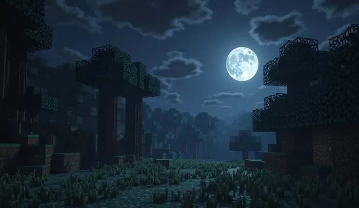 Thumbnail, Minecraft world, Deep Dark minecraft forest, minecraft moon, quiet, no people, right corner