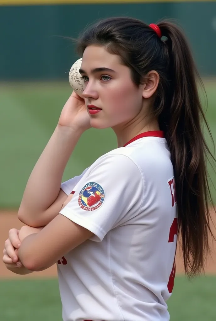 ( masterpiece, TOP QUALITY:1.2),   dynamic pictures  、 beautiful  old girl ,   Jennifer Connelly ,  full body photo,  she's playing baseball as a pitcher ., She's wearing a colorful uniform., She's pitching in full force., Slender Long Hands and Legs ,  pl...