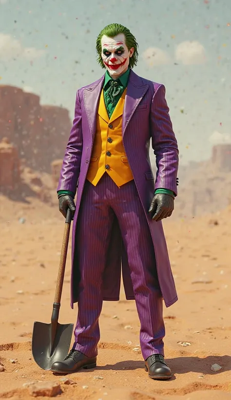 "A hyper-realistic 3D rendering of the Joker dressed in a purple suit with a green shirt and yellow vest, stand with confidently and holds a shovel in left hand, The background is Sand."