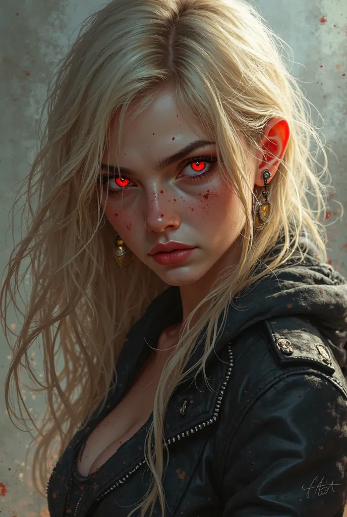 In realistic digital art,  full body , a rogue girl with intense red eyes and an angry look, long wavy light blonde hair