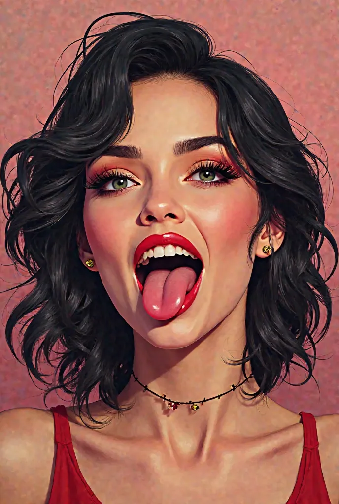 Woman with her mouth open and her tongue sticking out 