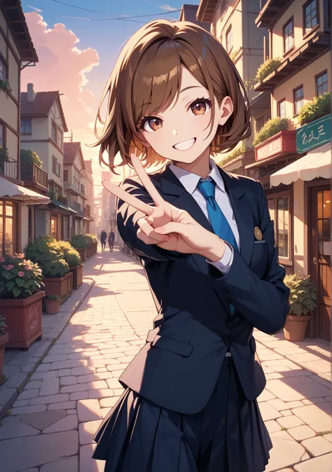 Selfie, girls on the left, suit, skirt, nameplate ,evening,Town,short hair,brown hair, brown eyes, swept bangs,smile, peace sign