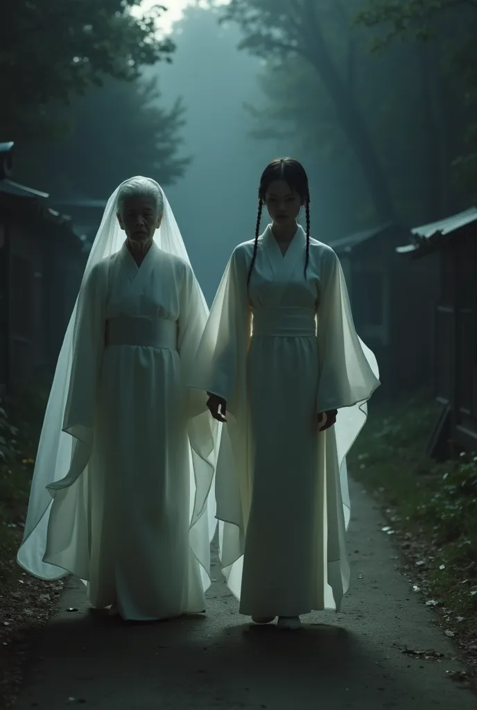 Picture image of a ghost woman wearing a kimono and her handmaid, the ghost old woman walking along a completely dark path in the middle of the night、 Japanese Version 「A Chinese Ghost Story」、 Movie Still Frames ,  Film Stills Promo Image  ,  movie stills,...