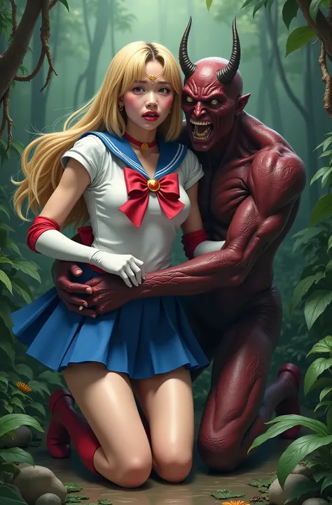 Hyperrealism, masterpiece, highest quality, A young Japanese woman is sitting on the devil lap, ((she is crying and screaming in pain)), painful face, she is wearing a Sailor Moon costume, Blue sailor collar, Blue mini pleated skirt, she is wearing pleated...