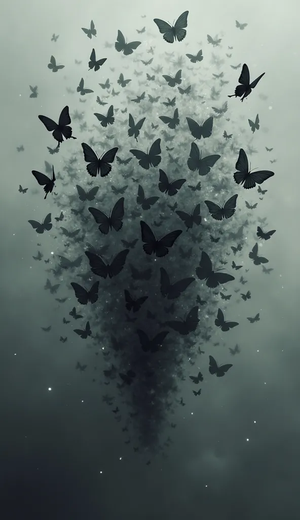 explosion of black butterflies on a grey background 