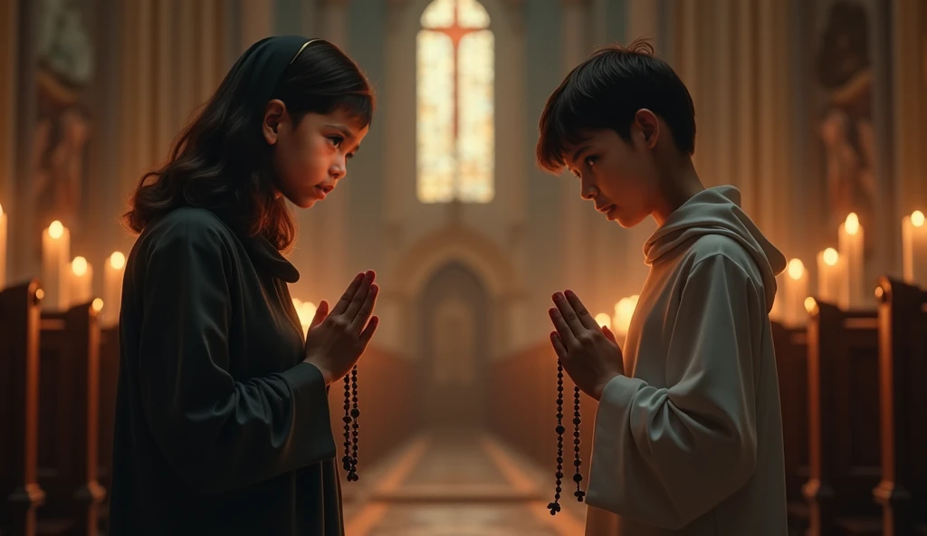  boy praying the rosary with his mother in church