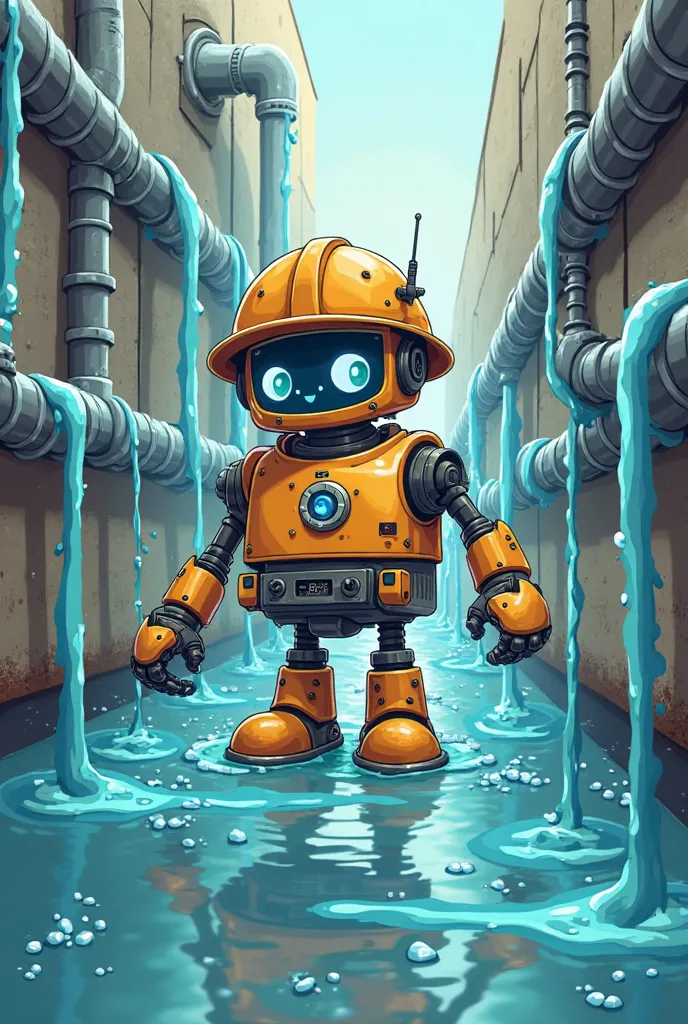 Draw cartoon picture of robot purifying, waters flowing in wastewater pipes