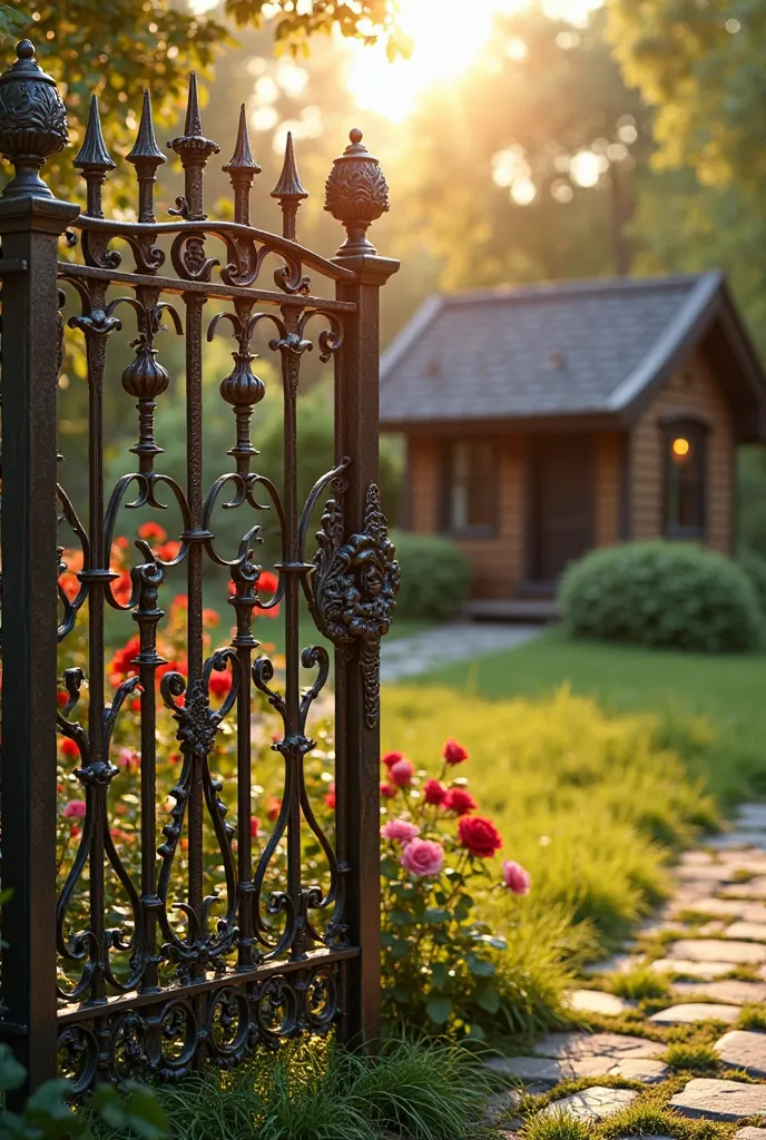 Hyperrealistic depiction of an intricately forged iron fence, standing tall in a lush garden at golden hour. The fence features elegant swirling patterns, sharp spikes, and delicate floral motifs crafted with masterful precision, showcasing the artistry of...