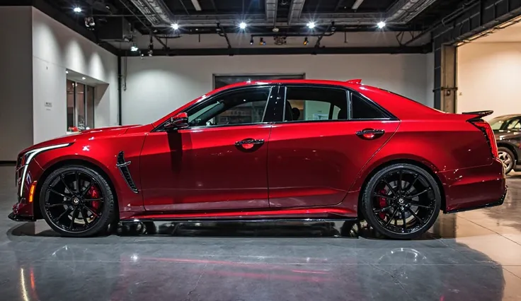 "A stunning red Cadillac CTS-V parked in a modern, high-end showroom with bright lighting and a glossy floor reflecting its sleek design. The car is shown from the side, highlighting its aerodynamic body, aggressive lines, black alloy wheels, low-profile t...