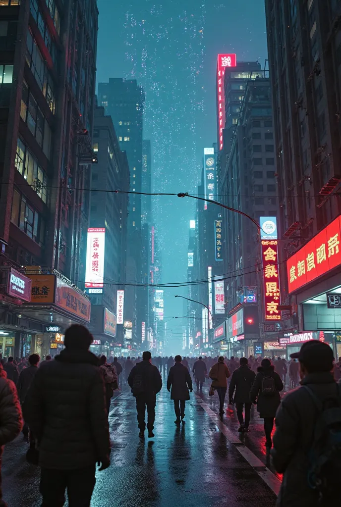 Dark Street in the cyberpunk metropolis. The camera moves forward, flash and reality begins to break: buildings are distorted, glitch effects, code characters appear in the air. People passing by suddenly turn digital holograms, then take physical form. Th...