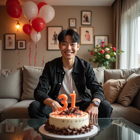 A glass table on top of which there is a luxurious birthday cake decorated with lumer chocolate and a number 31 candle,on the wall that says DONY DARMAWAN next to the table there is A handsome man of Korean origin,sitting smiling on the living room sofa,sh...