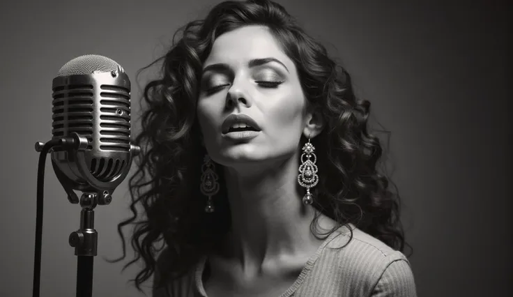 A beautiful woman with long curly hair, eyes closed with a deep and emotional expression, wearing elegant dangling earrings. She stands in front of a vintage microphone, as if singing with great passion. The image has an artistic black-and-white tone with ...