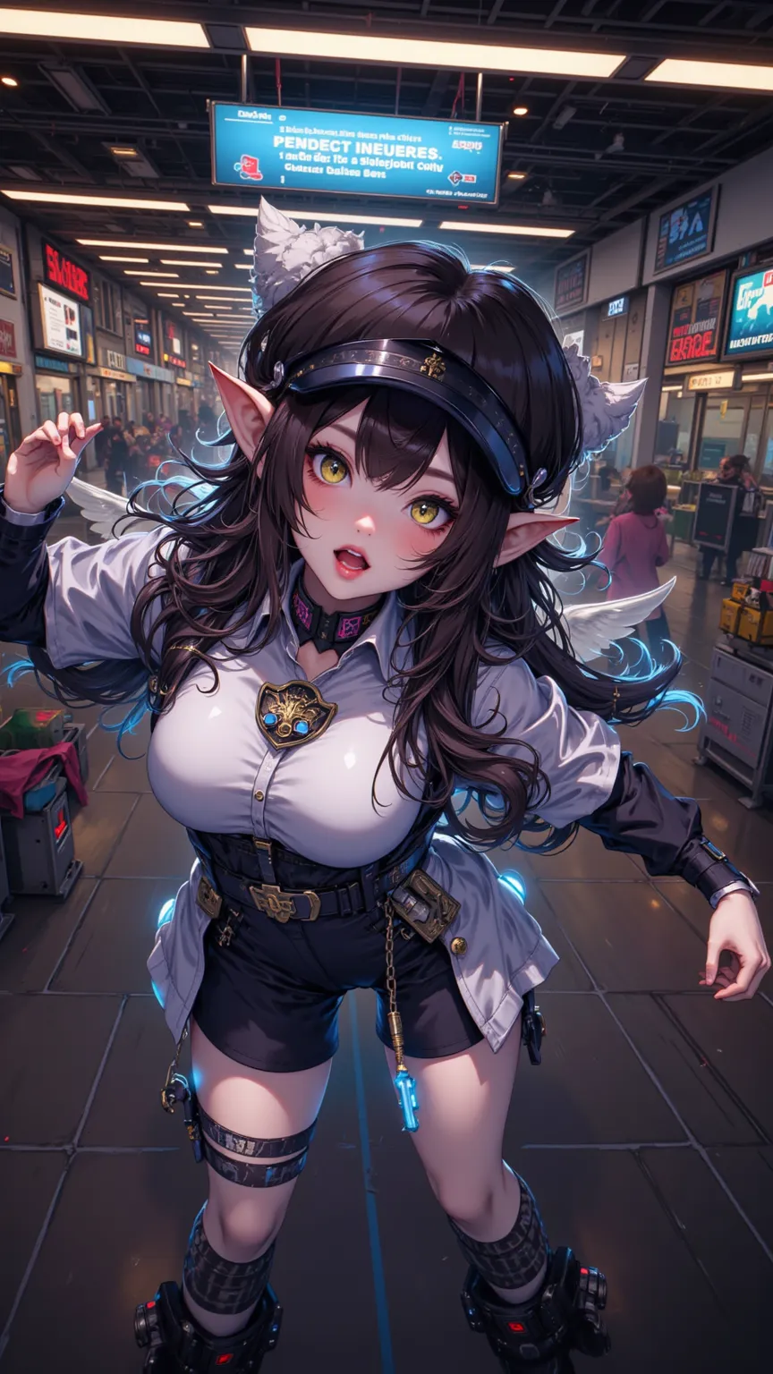 1girl,solo,gyaru,panorama,full_shot,from_above,looking_up,police,druid,,white_marble_glowing_skin,curvy,hair wings,brown hair,long_eyelashes,elf ears,yellow eyes,star-shaped_pupils,thick lips,:o,fang,fang_out,huge breasts,slender waist,police_uniform,jitom...