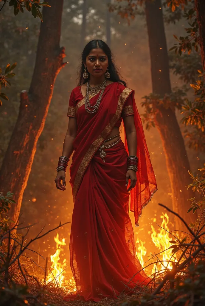 "One indian women wearing red saare burn her body in fire ar forest night fire background 