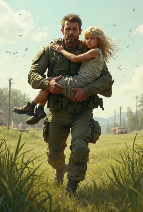 The soldier carries the blonde girl on the lawn