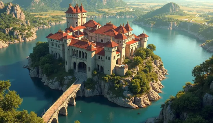 An aerial view of a grand, ancient-style palace built on a rocky island surrounded by a deep blue lake reminiscent of 1950s. The architecture blends classical and medieval influences, featuring elegant archways, red-tiled roofs, and tall cylindrical towers...