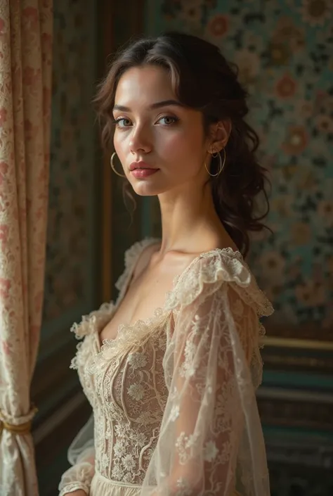 a woman standing full-length, vintage dress, detailed facial features, beautiful eyes, long eyelashes, detailed lips, beautiful skin, elegant hairstyle, warm lighting, cinematic composition, high quality, photorealistic, intricate details, fashion illustra...