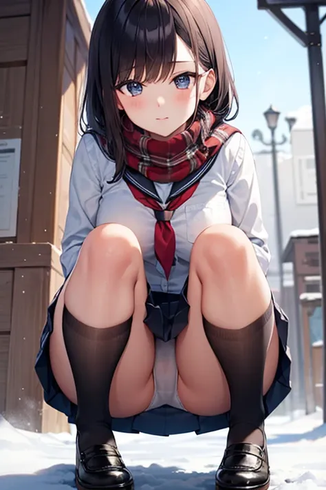 top-quality,girl1,dark-hair,school girl Uniform,scarf,a short skirt,Leather,shoes,Soft thighs,Snow Town,Crouching, white see-through panties,