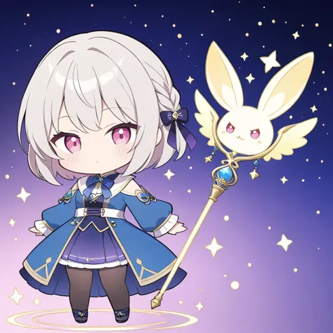 Full Length: 1.2, Chibi-Chara: 1.2, Silver Hair: 1.2, Short pale beige bob, partially braided hairstyle up one side, one beautiful age girl, fine face, fine eyes, pink eyes, chibi-character, very sullen expression, white rabbit inspired getup: 1.2, This Ja...