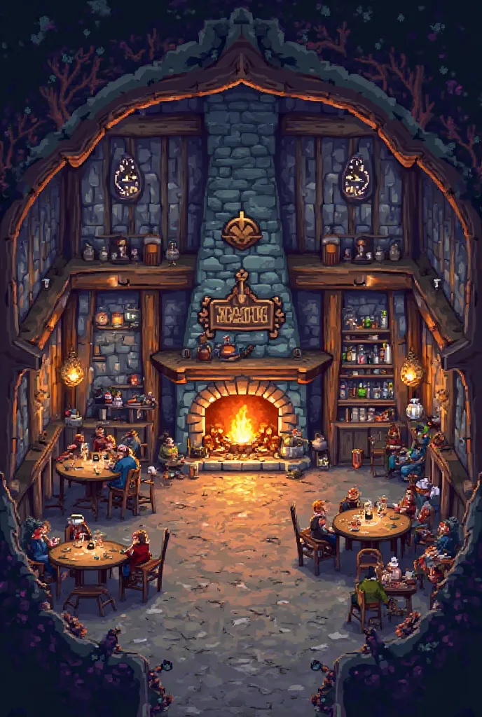 Detailed pixel style, interior of a tavern called "Frozen Mug" in the village of Frosty Winds. Large hall with a fireplace where a fire crackles, illuminating the room. Tables and chairs are made of solid wood. The atmosphere is lively and bustling with lo...