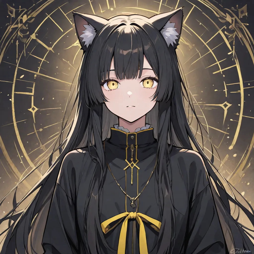  black hair　 　yellow eyes all the way to the tip　Cat ears　 zitoida