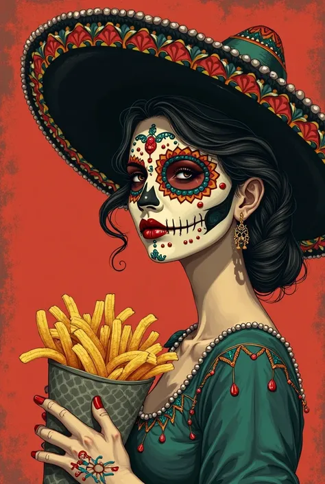 a close up of a woman with a sombre hat holding a bag of chips, concept art by Meredith Dillman, tumblr, art nouveau, condorito, she is mexican, dia de los muertos. 8 k, dan decarlo art style, dia de los muertos!!, official print, chips, digital art. @mari...